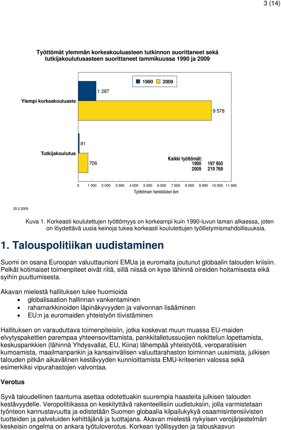 Korkeasti koulutettujen työttömyys on korkeampi kuin 1990-luvun laman alkaessa, joten on löydettävä uusia keinoja tukea korkeasti koulutettujen työllistymismahdollisuuksia. 1. Talouspolitiikan uudistaminen Suomi on osana Euroopan valuuttaunioni EMUa ja euromaita joutunut globaalin talouden kriisiin.