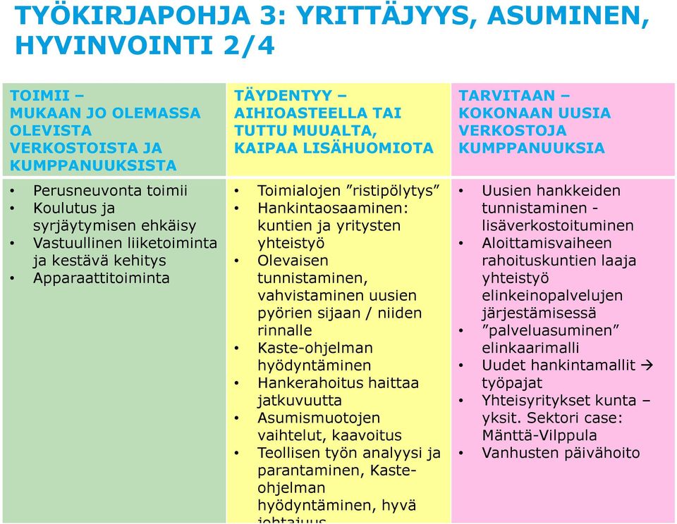 Kaste-ohjelman hyödyntäminen Hankerahoitus haittaa jatkuvuutta Asumismuotojen vaihtelut, kaavoitus Teollisen työn analyysi ja parantaminen, Kasteohjelman hyödyntäminen, hyvä johtajuus Uusien