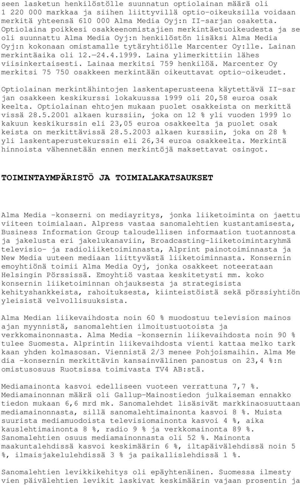 Lainan merkintäaika oli 12. 24.4.1999. Laina ylimerkittiin lähes viisinkertaisesti. Lainaa merkitsi 759 henkilöä. Marcenter Oy merkitsi 75 750 osakkeen merkintään oikeuttavat optio-oikeudet.