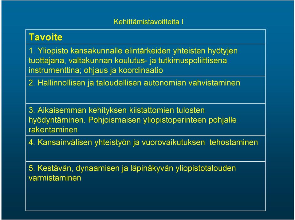 instrumenttina; ohjaus ja koordinaatio 2. Hallinnollisen ja taloudellisen autonomian vahvistaminen 3.