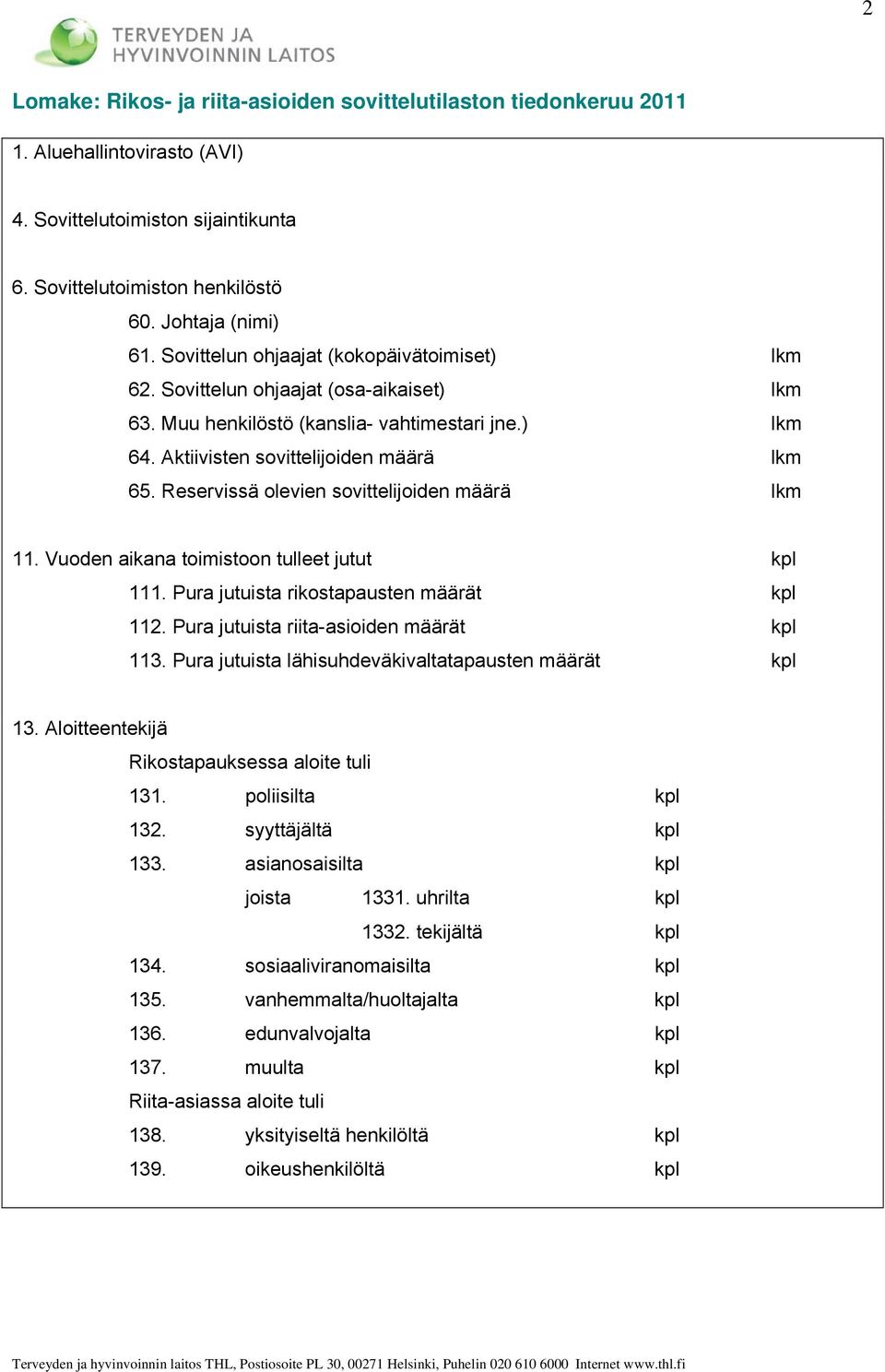 Reservissä olevien sovittelijoiden määrä lkm 11. Vuoden aikana toimistoon tulleet jutut kpl 111. Pura jutuista rikostapausten määrät kpl 112. Pura jutuista riita-asioiden määrät kpl 113.