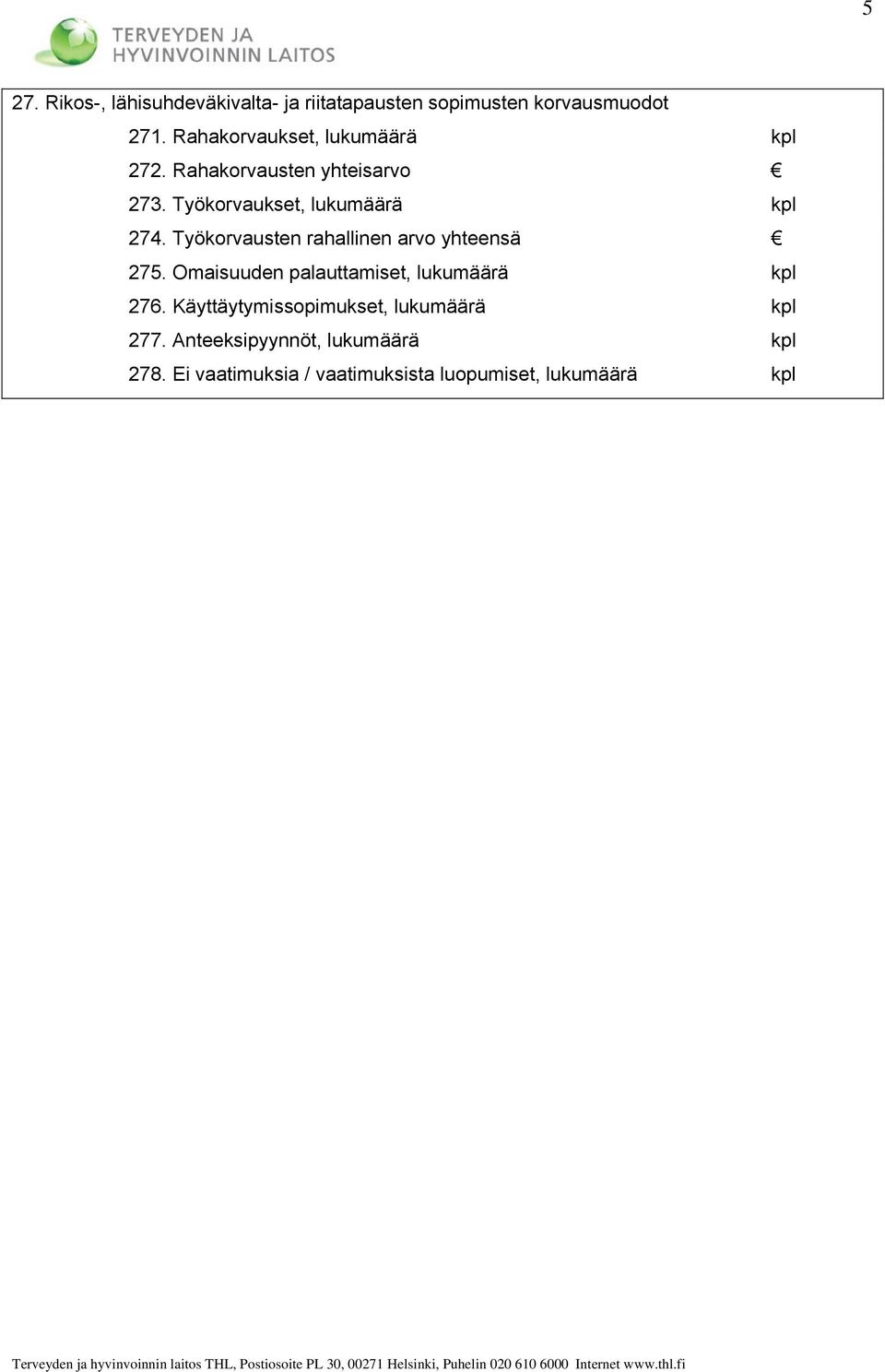 Työkorvausten rahallinen arvo yhteensä 275. Omaisuuden palauttamiset, lukumäärä kpl 276.