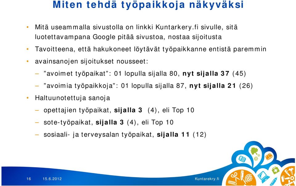 paremmin avainsanojen sijoitukset nousseet: avoimet työpaikat : 01 lopulla sijalla 80, nyt sijalla 37 (45) avoimia työpaikkoja : 01
