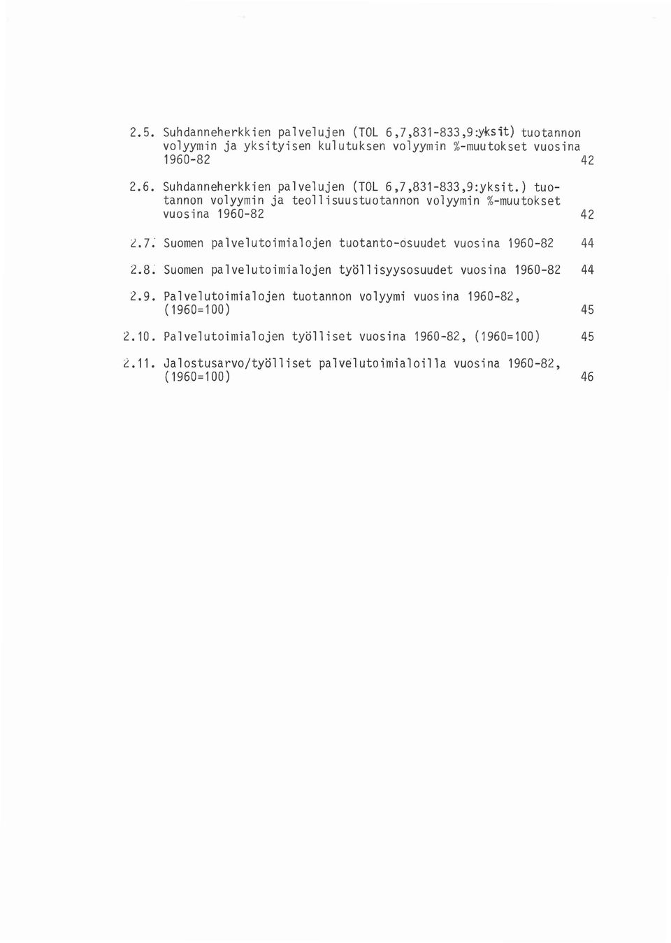 10. Palveluto;m;alojen tyolliset vuos;na 1960-82, (1960=100) 45 2.11. Jalostusarvo/tyoll;set palveluto;mialo;lla vuosina 1960-82, (1960=100) 46