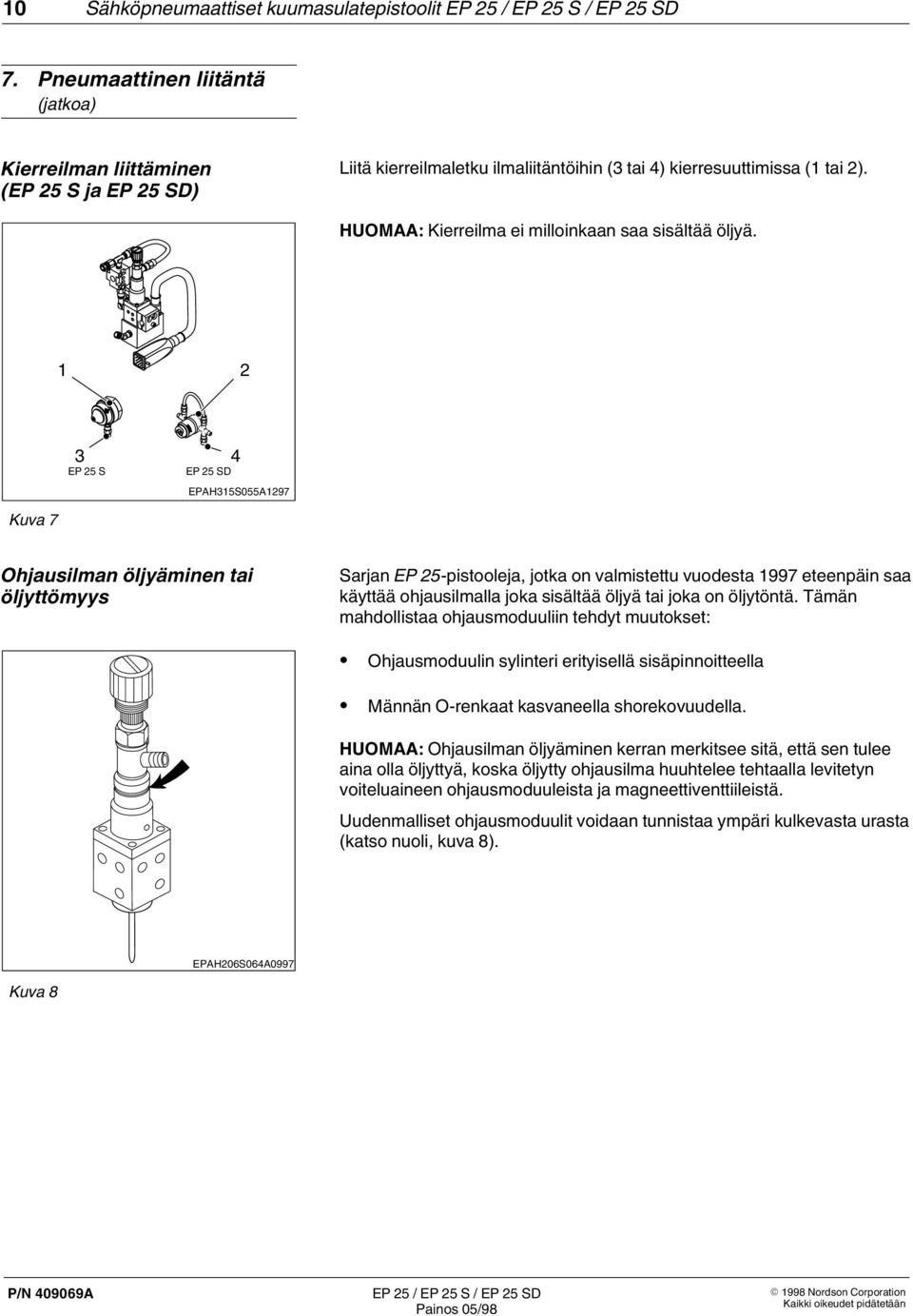 1 Kuva 7 3 4 EP 5 S EP 5 SD EPAH315S055A197 Ohjausilman öljyäminen tai öljyttömyys Sarjan EP 5-pistooleja, jotka on valmistettu vuodesta 1997 eteenpäin saa käyttää ohjausilmalla joka sisältää öljyä