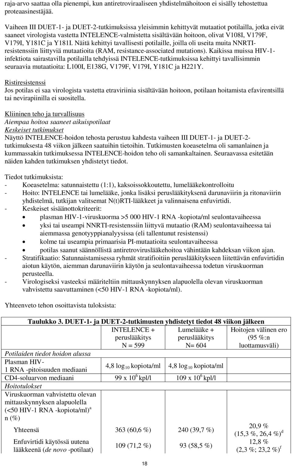 Y181C ja Y181I. Näitä kehittyi tavallisesti potilaille, joilla oli useita muita NNRTIresistenssiin liittyviä mutaatioita (RAM, resistance-associated mutations).