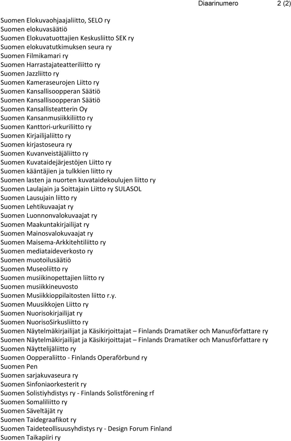 Kanttori-urkuriliitto ry Suomen Kirjailijaliitto ry Suomen kirjastoseura ry Suomen Kuvanveistäjäliitto ry Suomen Kuvataidejärjestöjen Liitto ry Suomen kääntäjien ja tulkkien liitto ry Suomen lasten