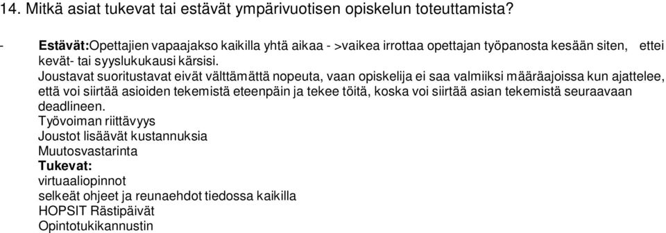 Joustavat suoritustavat eivät välttämättä nopeuta, vaan opiskelija ei saa valmiiksi määräajoissa kun ajattelee, että voi siirtää asioiden tekemistä eteenpäin