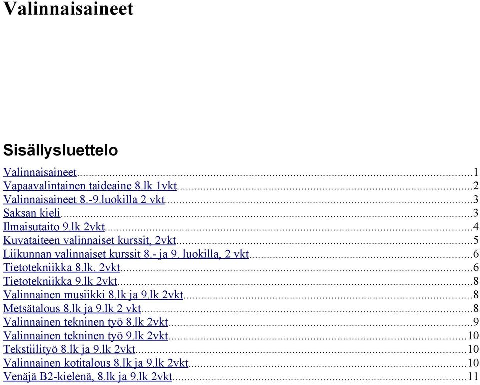 lk 2vkt...8 Valinnainen musiikki 8.lk ja 9.lk 2vkt...8 Metsätalous 8.lk ja 9.lk 2 vkt...8 Valinnainen tekninen työ 8.lk 2vkt...9 Valinnainen tekninen työ 9.