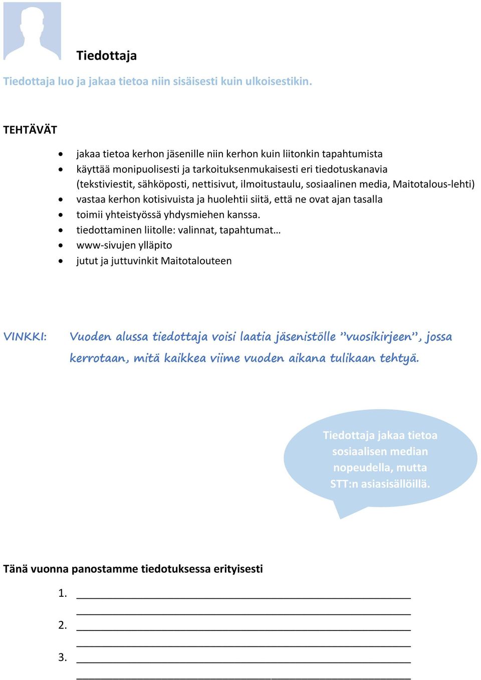 ilmoitustaulu, sosiaalinen media, Maitotalous-lehti) vastaa kerhon kotisivuista ja huolehtii siitä, että ne ovat ajan tasalla toimii yhteistyössä yhdysmiehen kanssa.