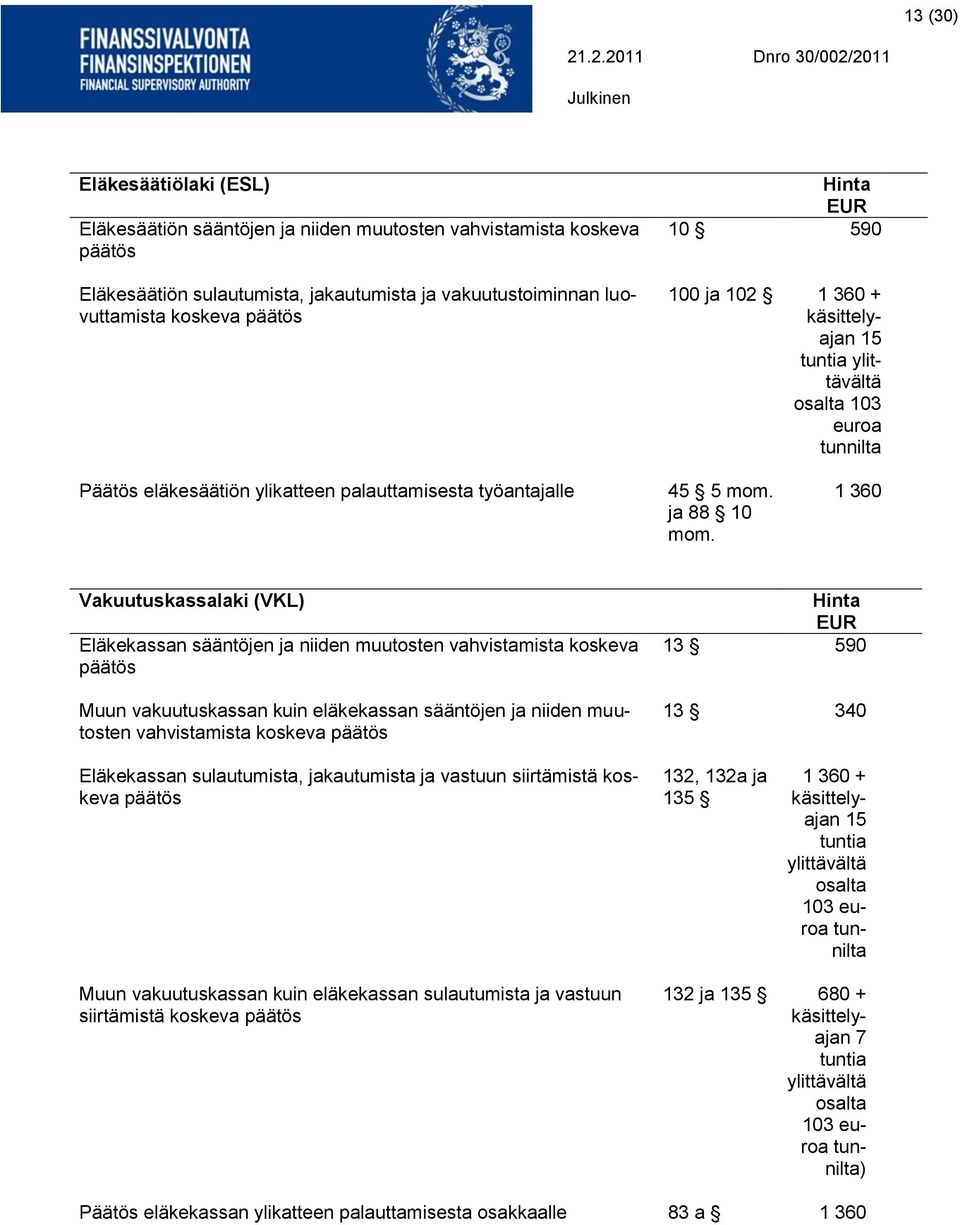 1 360 Vakuutuskassalaki (VKL) Eläkekassan sääntöjen ja niiden muutosten vahvistamista koskeva päätös Muun vakuutuskassan kuin eläkekassan sääntöjen ja niiden muutosten vahvistamista koskeva päätös 13