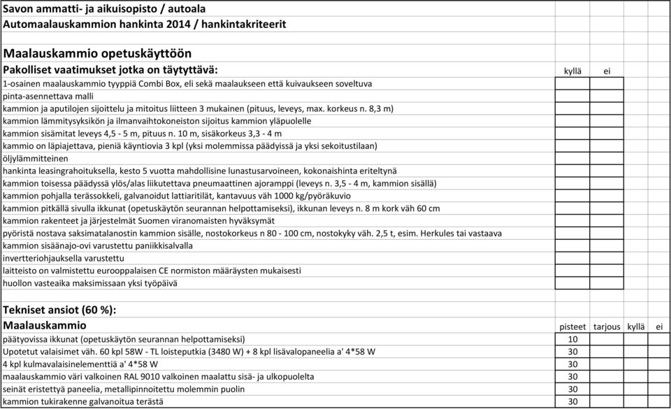 8,3 m) kammion lämmitysyksikön ja ilmanvaihtokoneiston sijoitus kammion yläpuolelle kammion sisämitat leveys 4,5 5 m, pituus n.