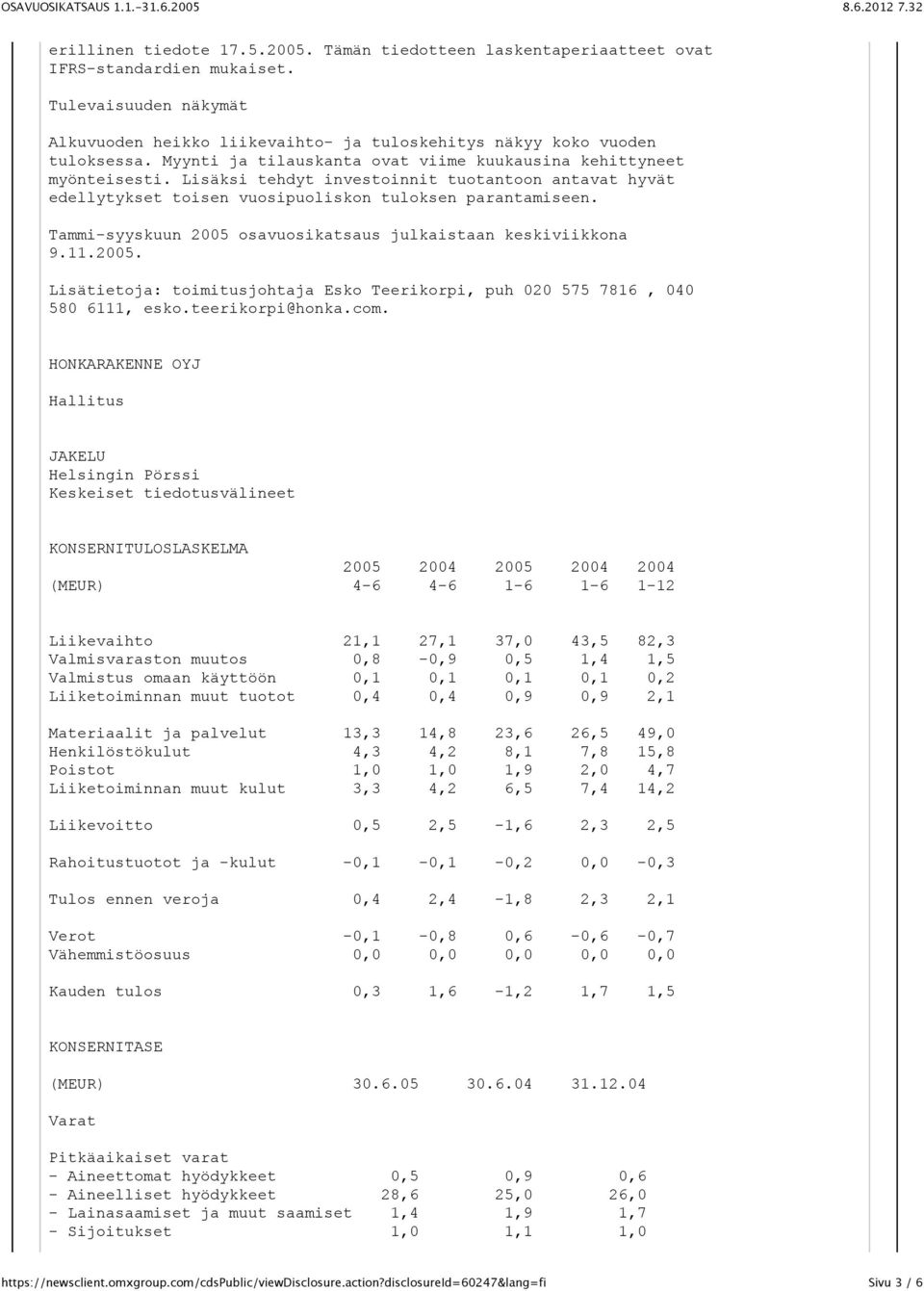 Tammi-syyskuun 2005 osavuosikatsaus julkaistaan keskiviikkona 9.11.2005. Lisätietoja: toimitusjohtaja Esko Teerikorpi, puh 020 575 7816, 040 580 6111, esko.teerikorpi@honka.com.