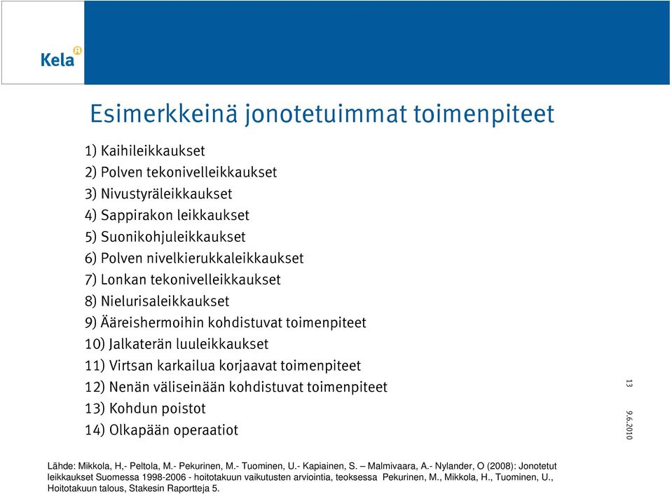 toimenpiteet 12) Nenän väliseinään kohdistuvat toimenpiteet 13) Kohdun poistot 14) Olkapään operaatiot 13 Lähde: Mikkola, H,- Peltola, M.- Pekurinen, M.- Tuominen, U.- Kapiainen, S.