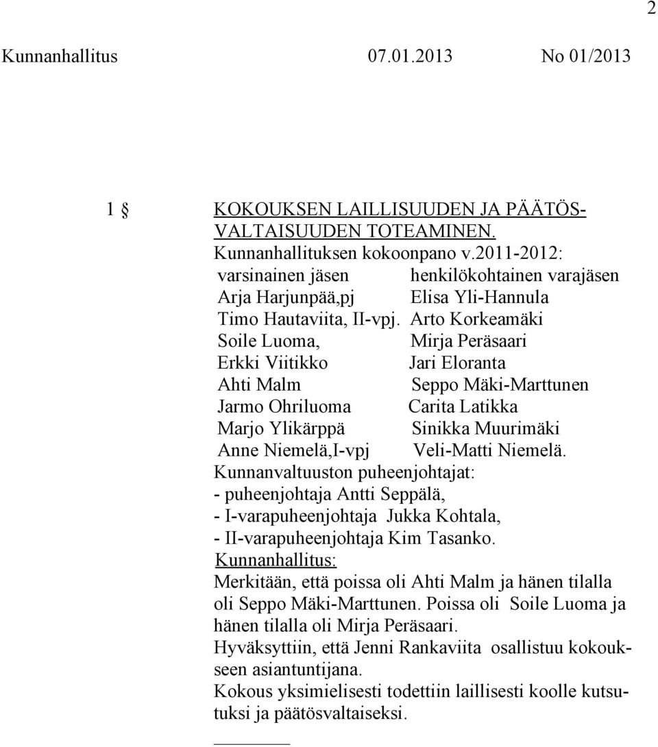 Arto Korkeamäki Soile Luoma, Mirja Peräsaari Erkki Viitikko Jari Eloranta Ahti Malm Seppo Mäki-Marttunen Jarmo Ohriluoma Carita Latikka Marjo Ylikärppä Sinikka Muurimäki Anne Niemelä,I-vpj Veli-Matti