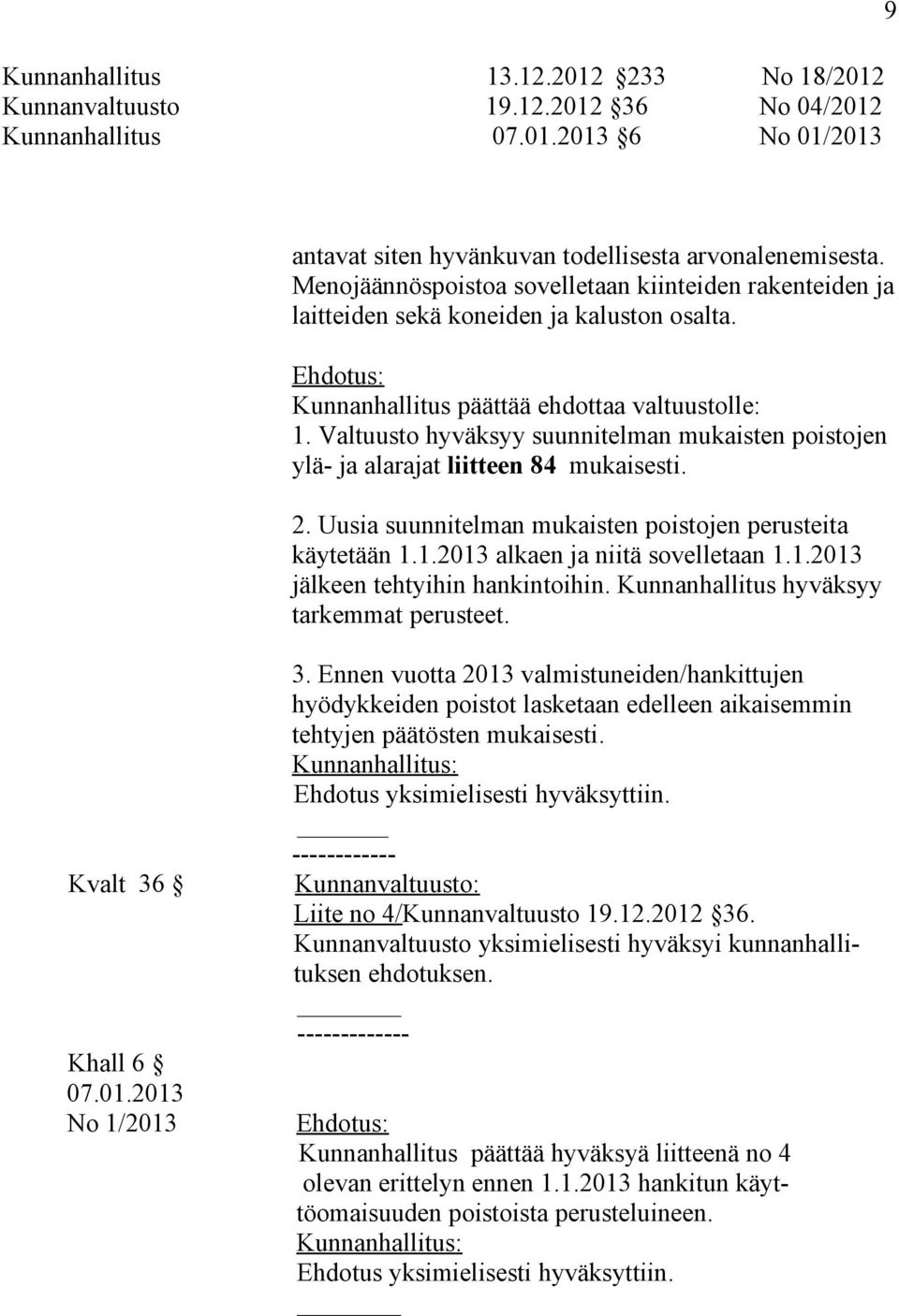 Valtuusto hyväksyy suunnitelman mukaisten poistojen ylä- ja alarajat liitteen 84 mukaisesti. 2. Uusia suunnitelman mukaisten poistojen perusteita käytetään 1.1.2013 alkaen ja niitä sovelletaan 1.1.2013 jälkeen tehtyihin hankintoihin.