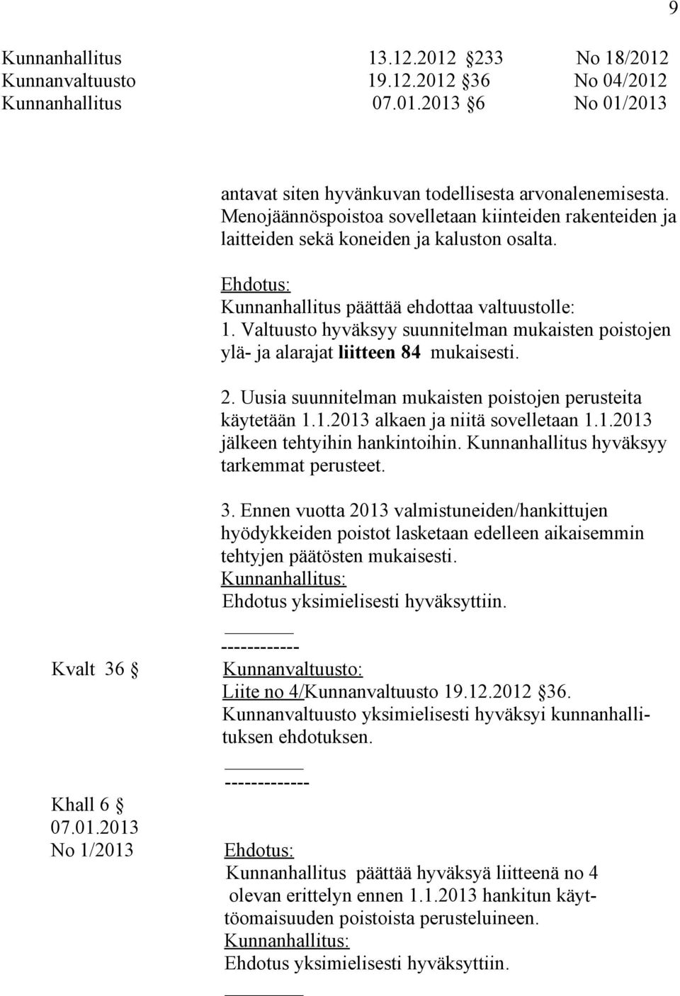 Valtuusto hyväksyy suunnitelman mukaisten poistojen ylä- ja alarajat liitteen 84 mukaisesti. 2. Uusia suunnitelman mukaisten poistojen perusteita käytetään 1.1.2013 alkaen ja niitä sovelletaan 1.1.2013 jälkeen tehtyihin hankintoihin.