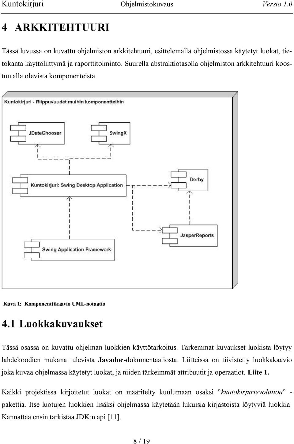 1 Luokkakuvaukset Tässä osassa on kuvattu ohjelman luokkien käyttötarkoitus. Tarkemmat kuvaukset luokista löytyy lähdekoodien mukana tulevista Javadoc dokumentaatiosta.