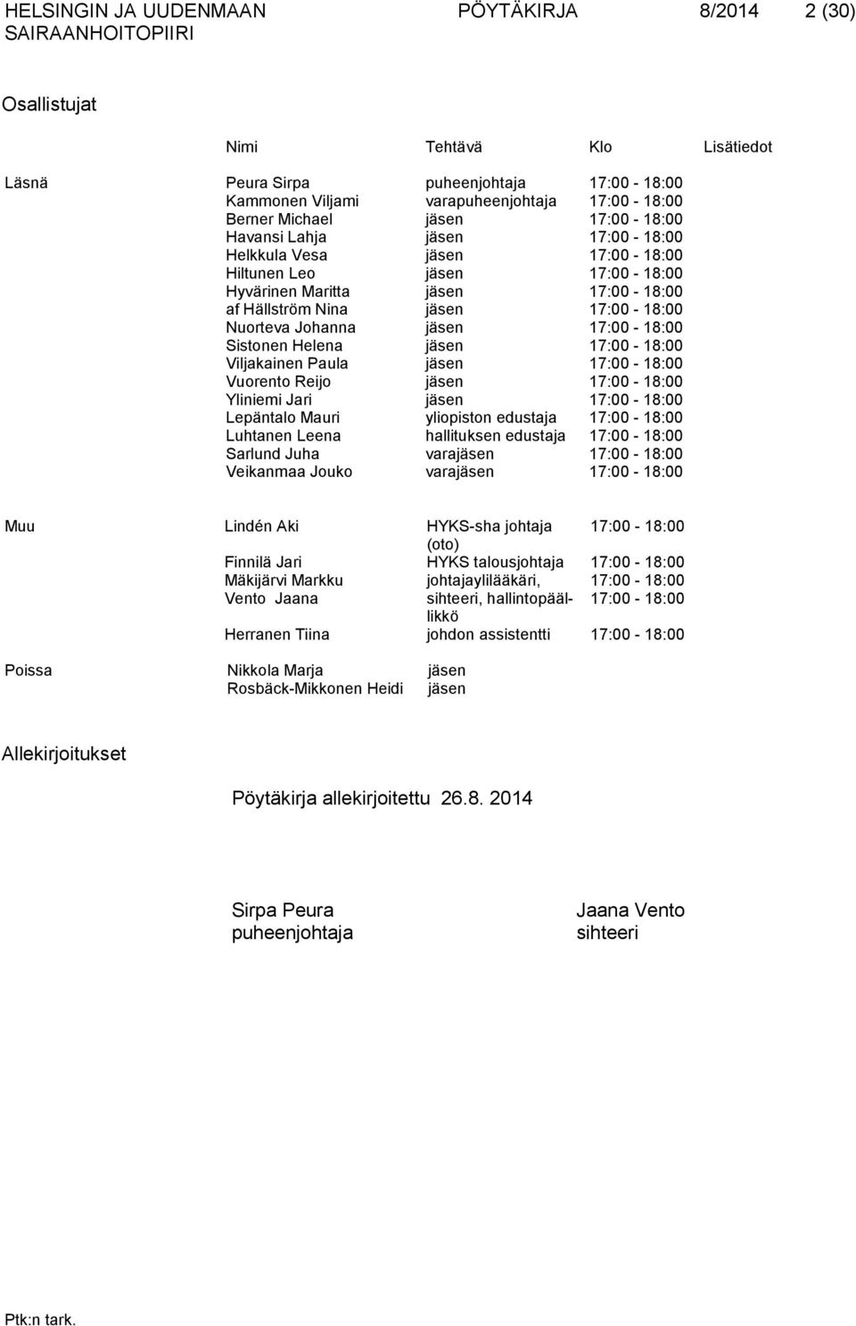 Johanna jäsen 17:00-18:00 Sistonen Helena jäsen 17:00-18:00 Viljakainen Paula jäsen 17:00-18:00 Vuorento Reijo jäsen 17:00-18:00 Yliniemi Jari jäsen 17:00-18:00 Lepäntalo Mauri yliopiston edustaja