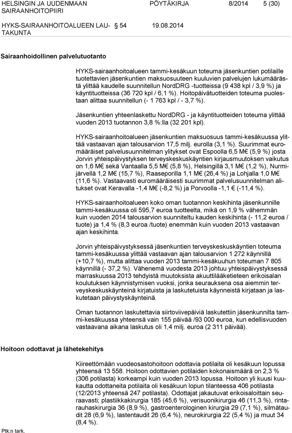 kaudelle suunnitellun NordDRG -tuotteissa (9 438 kpl / 3,9 %) ja käyntituotteissa (36 720 kpl / 6,1 %). Hoitopäivätuotteiden toteuma puolestaan alittaa suunnitellun (- 1 763 kpl / - 3,7 %).