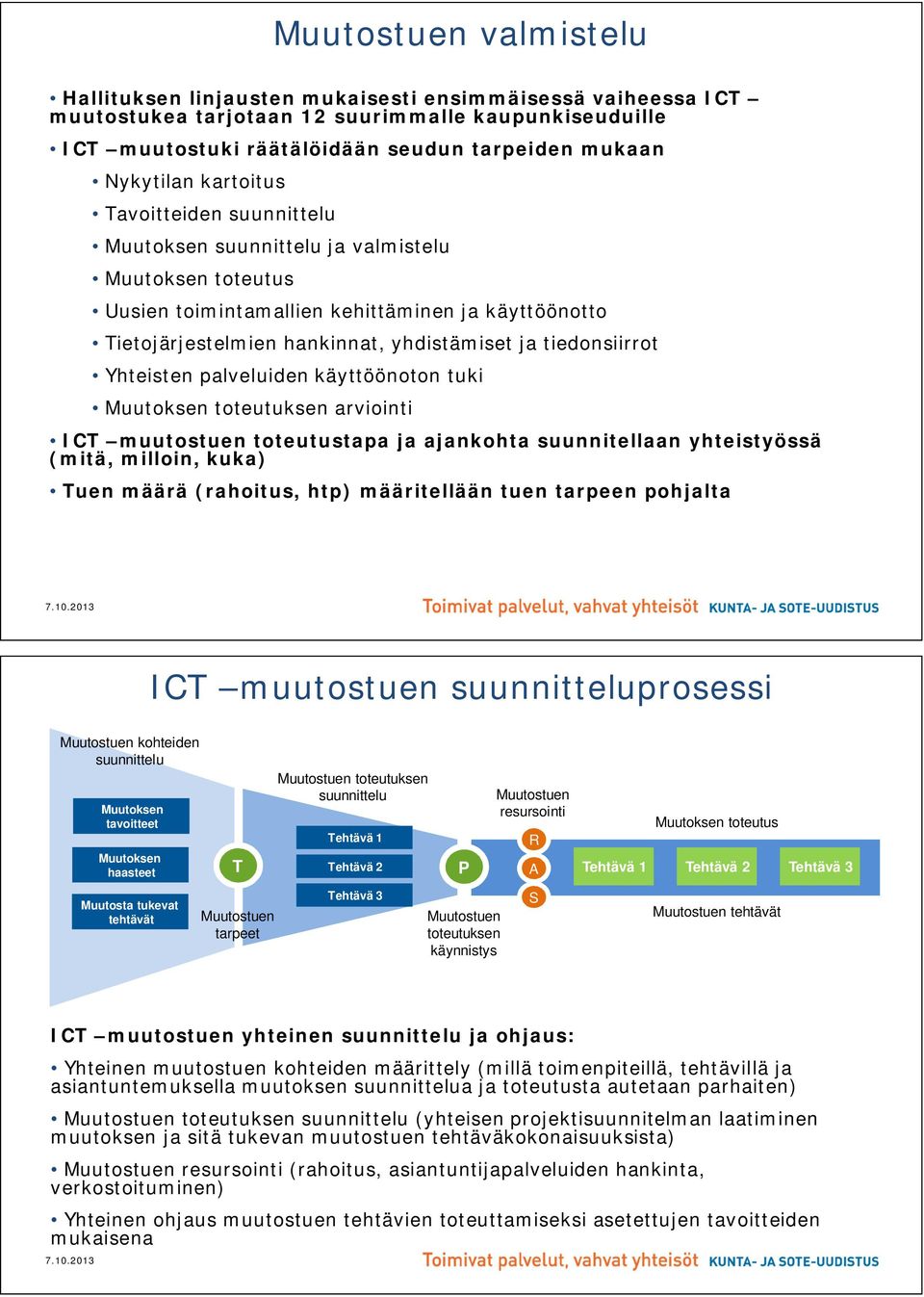 tiedonsiirrot Yhteisten palveluiden käyttöönoton tuki Muutoksen toteutuksen arviointi ICT muutostuen toteutustapa ja ajankohta suunnitellaan yhteistyössä (mitä, milloin, kuka) Tuen määrä (rahoitus,