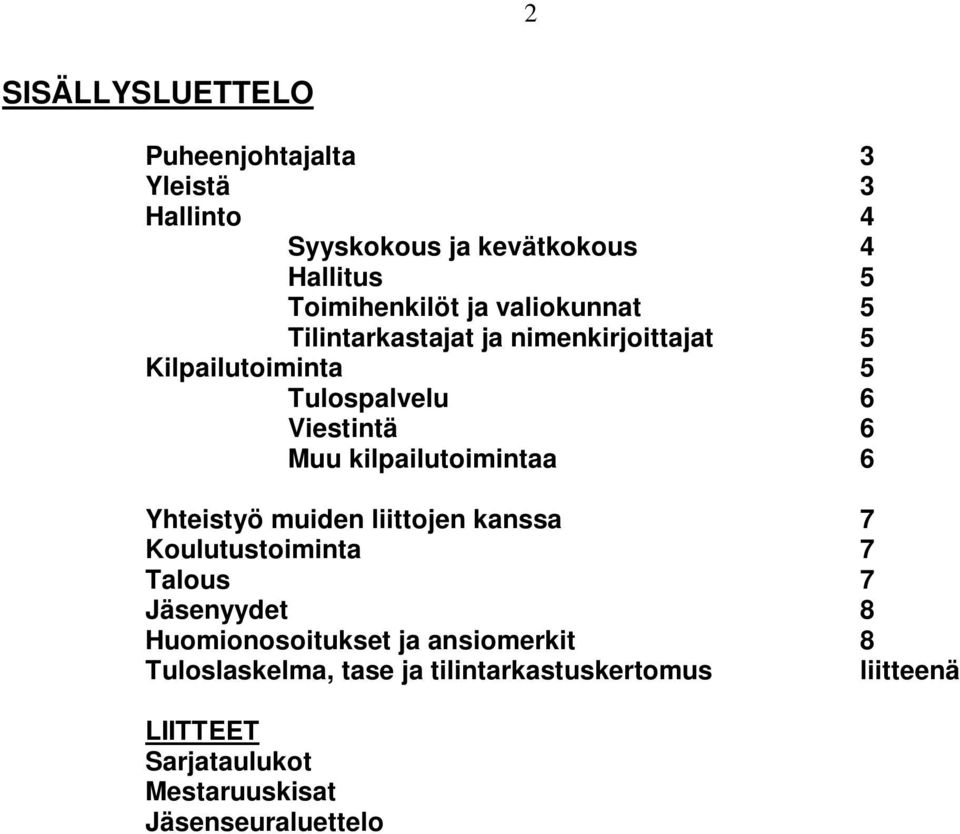 kilpailutoimintaa 6 Yhteistyö muiden liittojen kanssa 7 Koulutustoiminta 7 Talous 7 Jäsenyydet 8 Huomionosoitukset