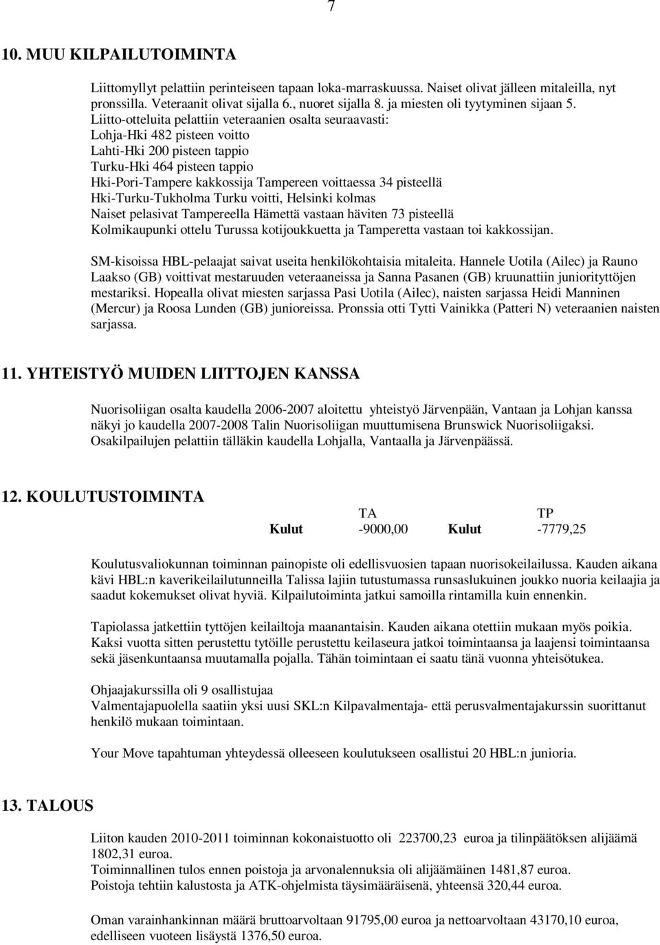 Liitto-otteluita pelattiin veteraanien osalta seuraavasti: Lohja-Hki 482 pisteen voitto Lahti-Hki 200 pisteen tappio Turku-Hki 464 pisteen tappio Hki-Pori-Tampere kakkossija Tampereen voittaessa 34