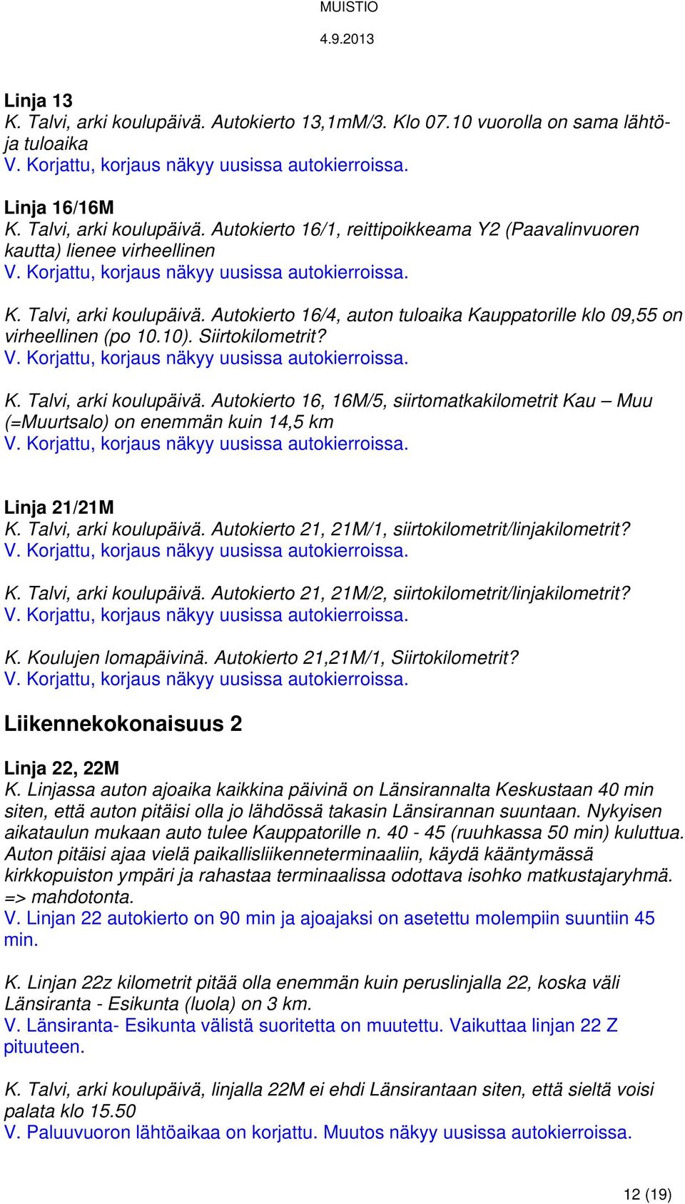 Autokierto 16, 16M/5, siirtomatkakilometrit Kau Muu (=Muurtsalo) on enemmän kuin 14,5 km Linja 21/21M K. Talvi, arki koulupäivä. Autokierto 21, 21M/1, siirtokilometrit/linjakilometrit? K. Talvi, arki koulupäivä. Autokierto 21, 21M/2, siirtokilometrit/linjakilometrit?