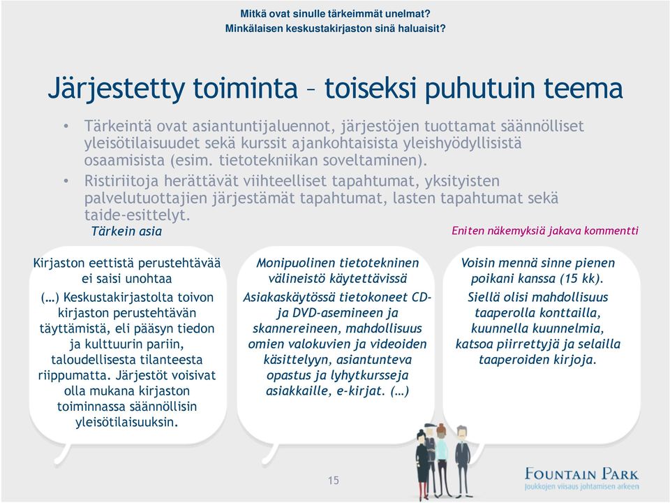 tietotekniikan soveltaminen). Ristiriitoja herättävät viihteelliset tapahtumat, yksityisten palvelutuottajien järjestämät tapahtumat, lasten tapahtumat sekä taide-esittelyt.