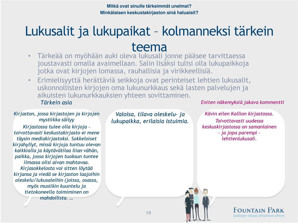 Erimielisyyttä herättäviä seikkoja ovat perinteiset lehtien lukusalit, uskonnollisten kirjojen oma lukunurkkaus sekä lasten palvelujen ja aikuisten lukunurkkauksien yhteen sovittaminen.