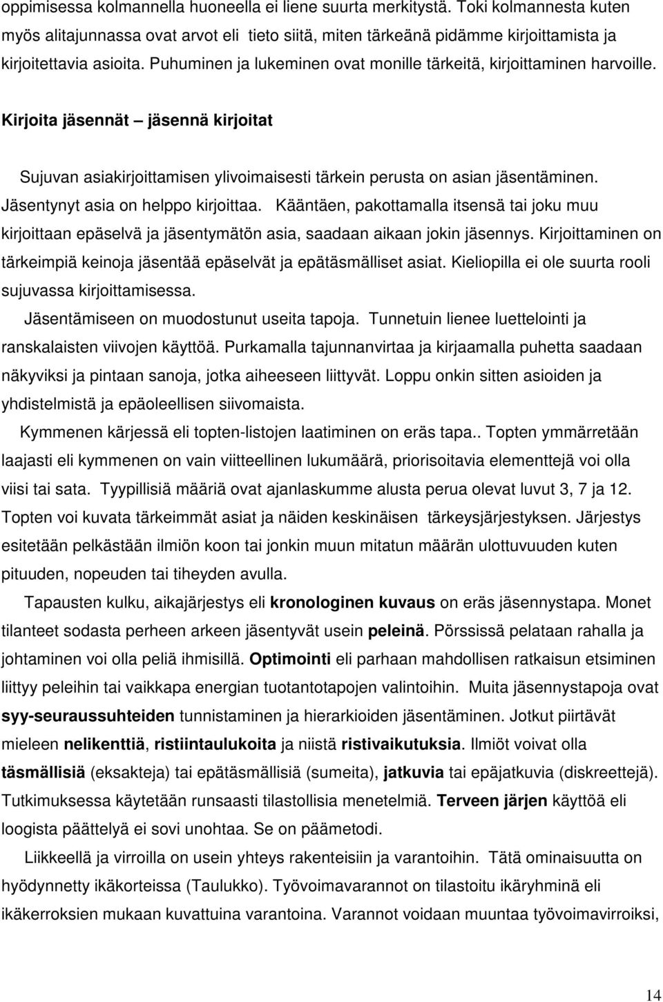 Jäsentynyt asia on helppo kirjoittaa. Kääntäen, pakottamalla itsensä tai joku muu kirjoittaan epäselvä ja jäsentymätön asia, saadaan aikaan jokin jäsennys.