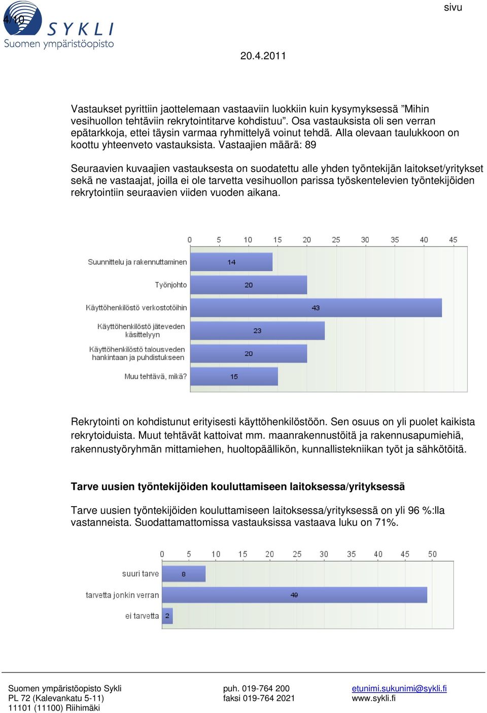 Vastaajien määrä: 89 Seuraavien kuvaajien vastauksesta on suodatettu alle yhden työntekijän laitokset/yritykset sekä ne vastaajat, joilla ei ole tarvetta vesihuollon parissa työskentelevien