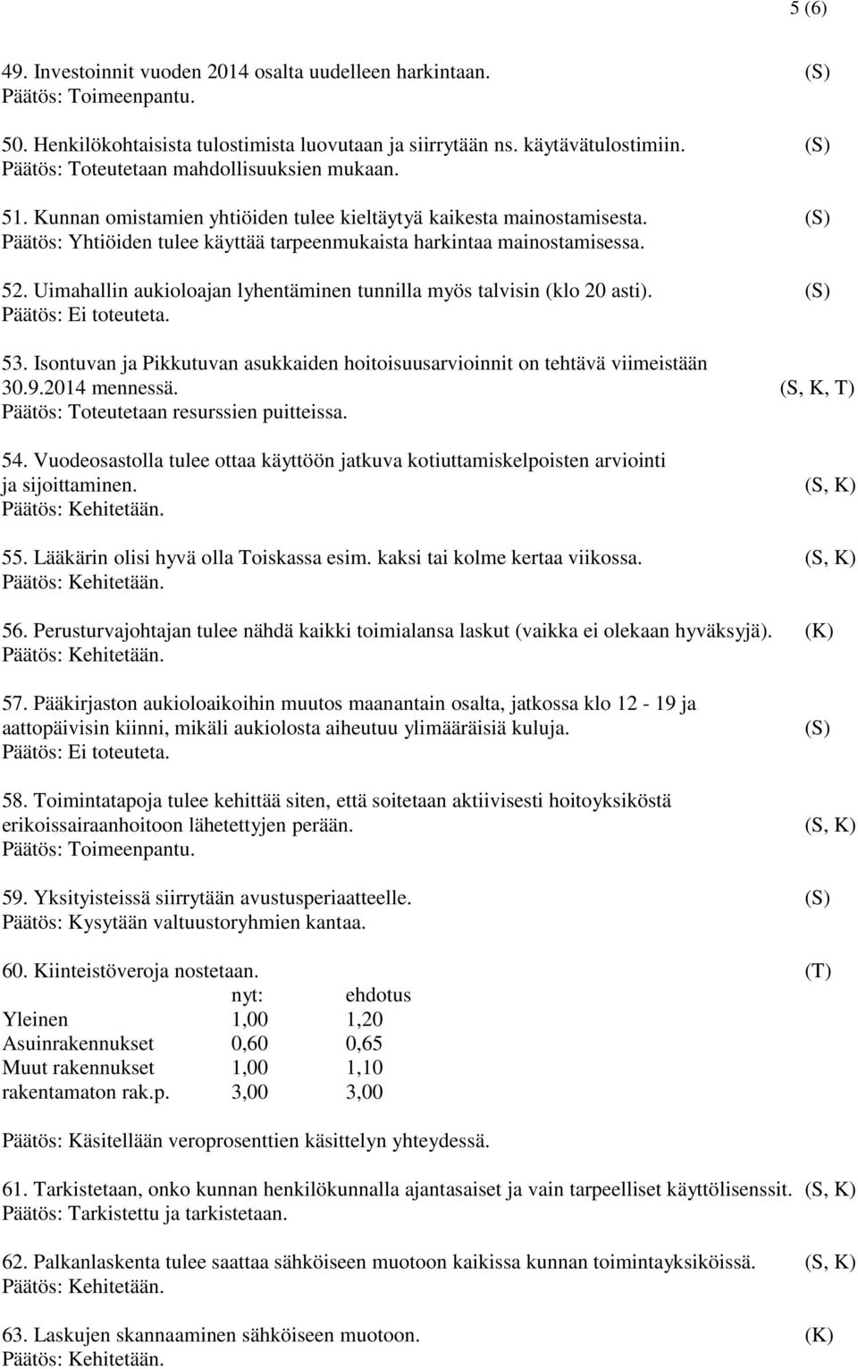 Uimahallin aukioloajan lyhentäminen tunnilla myös talvisin (klo 20 asti). Päätös: Ei toteuteta. 53. Isontuvan ja Pikkutuvan asukkaiden hoitoisuusarvioinnit on tehtävä viimeistään 30.9.2014 mennessä.