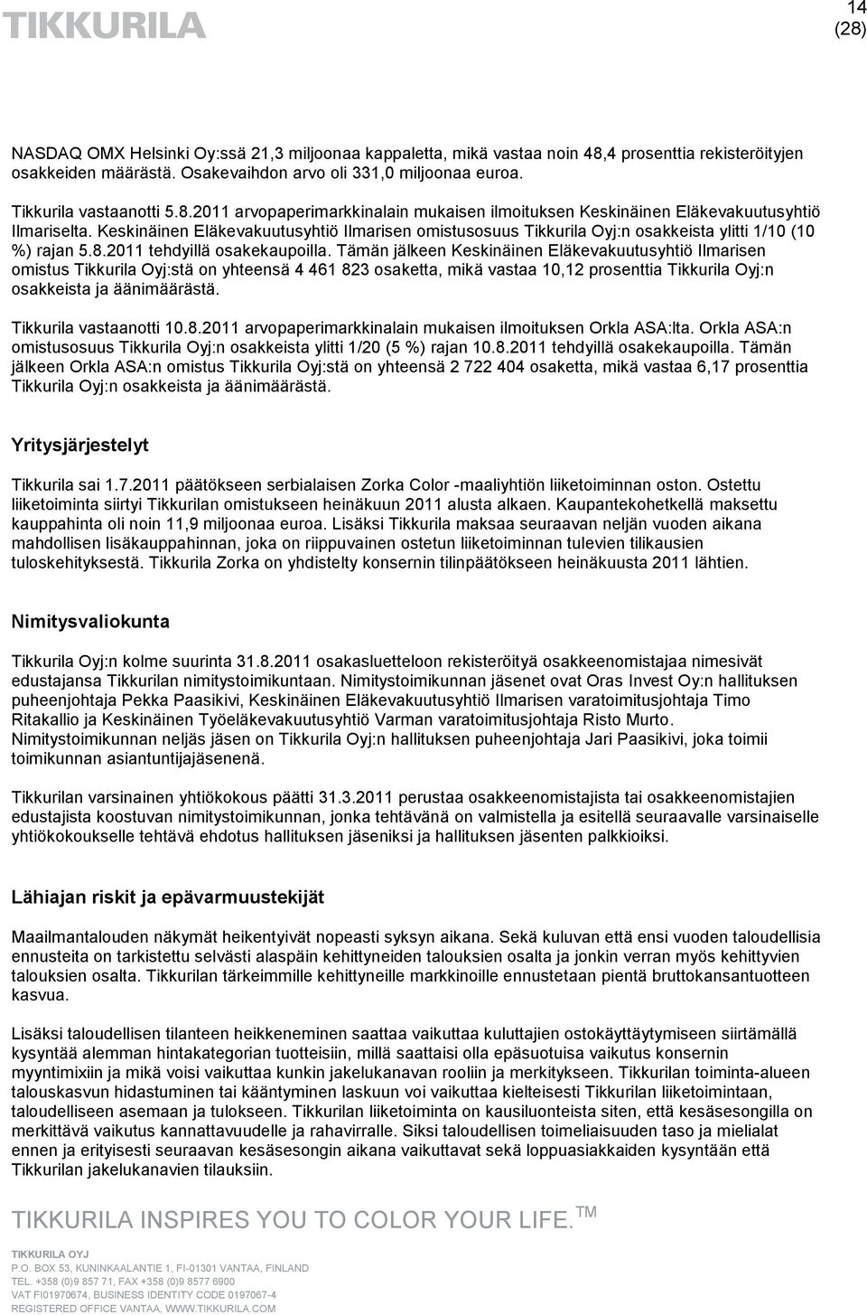 Tämän jälkeen Keskinäinen Eläkevakuutusyhtiö Ilmarisen omistus Tikkurila Oyj:stä on yhteensä 4 461 823 osaketta, mikä vastaa 10,12 prosenttia Tikkurila Oyj:n osakkeista ja äänimäärästä.