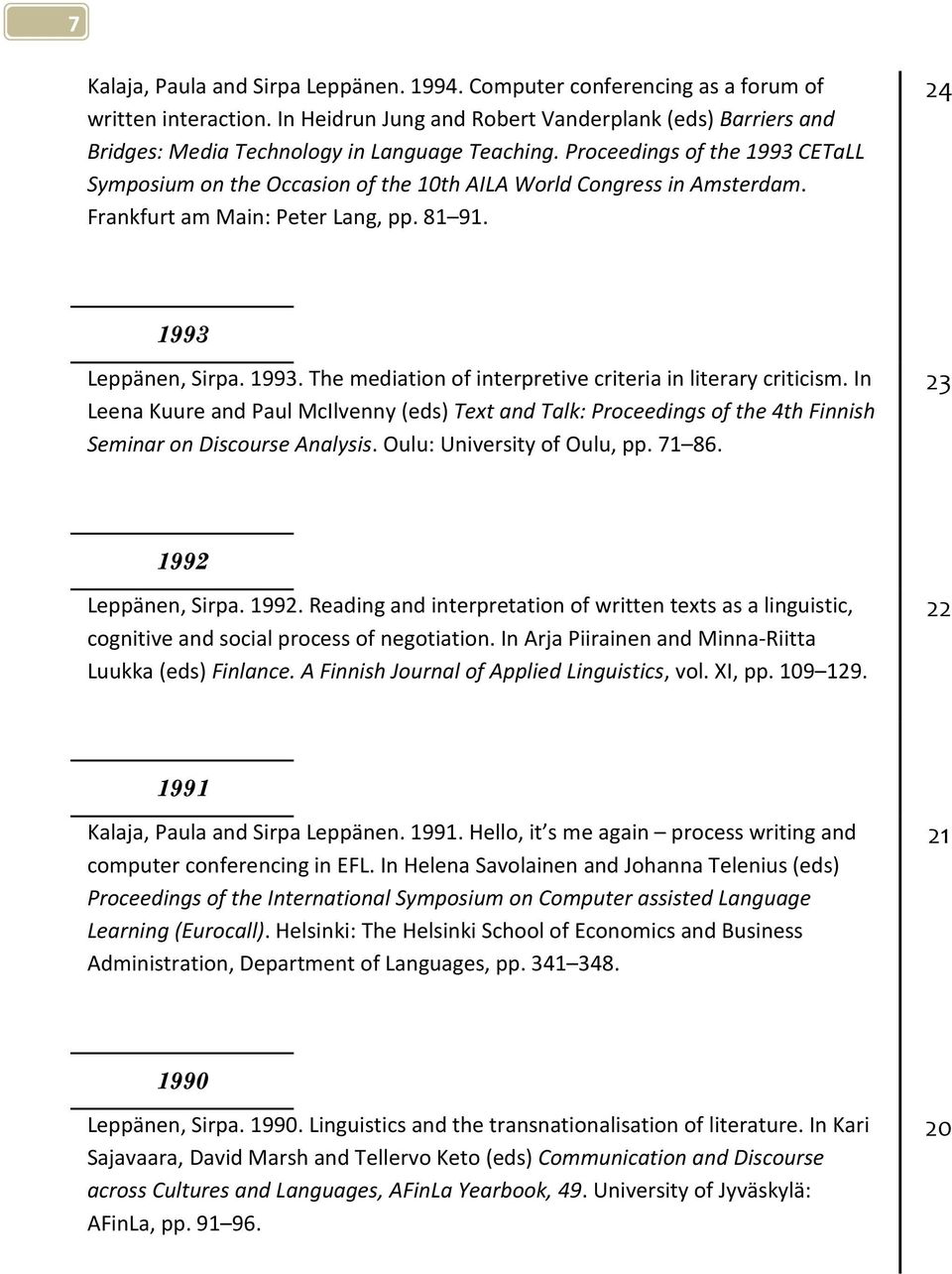 Proceedings of the 1993 CETaLL Symposium on the Occasion of the 10th AILA World Congress in Amsterdam. Frankfurt am Main: Peter Lang, pp. 81 91. 24 1993 Leppänen, Sirpa. 1993. The mediation of interpretive criteria in literary criticism.