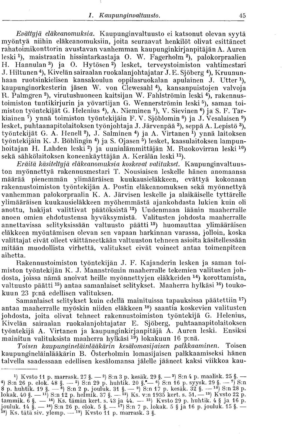 Auren leski 1 ), maistraatin hissintarkastaja O. W. Fagerholm 2 ), palokorpraalien H. Hannulan 3 ) ja O. Hytösen 2 ) lesket, terveystoimiston vahtimestari J.