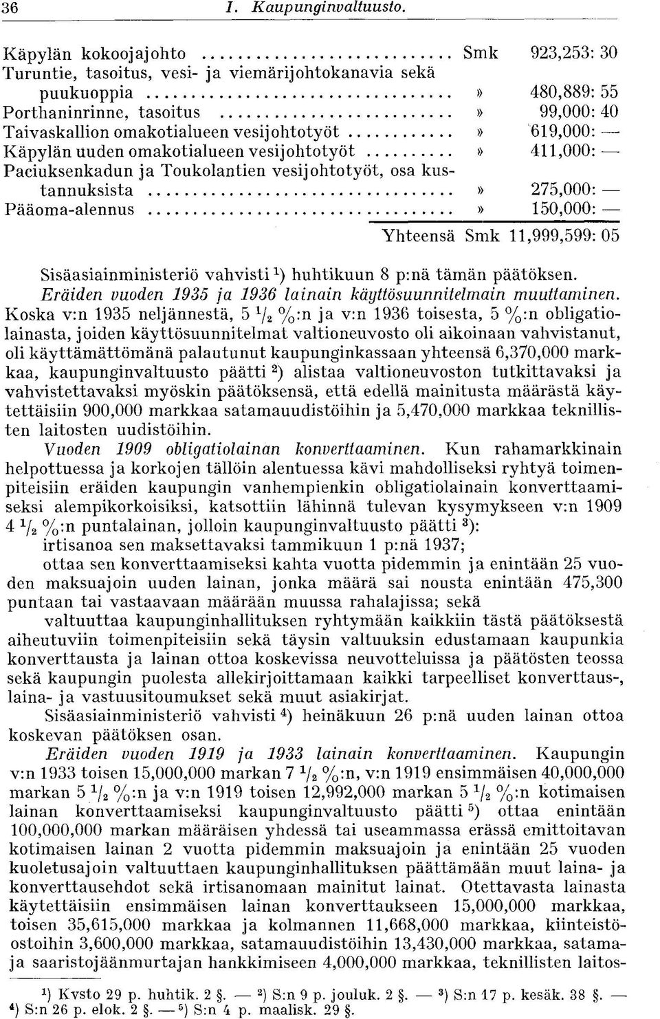 619,000: Käpylän uuden omakotialueen vesijohtotyöt» 411,000: Paciuksenkadun ja Toukolantien vesijohtotyöt, osa kustannuksista» 275,000: Pääoma-alennus» 150,000: Yhteensä Smk 11,999,599:05