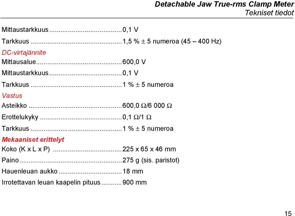 ..1 % ± 5 numeroa Vastus Asteikko...600,0 Ω/6 000 Ω Erottelukyky...0,1 Ω/1 Ω Tarkkuus.