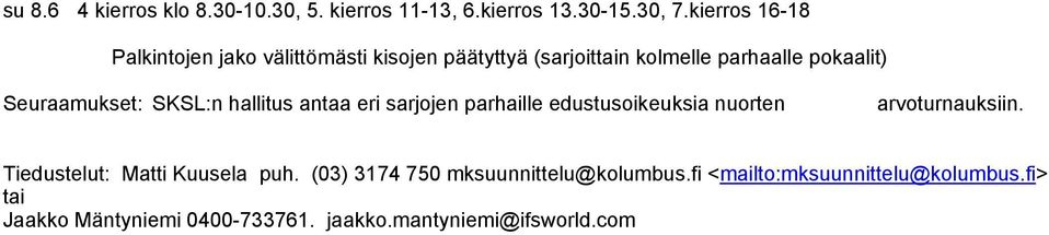 Seuraamukset: SKSL:n hallitus antaa eri sarjojen parhaille edustusoikeuksia nuorten arvoturnauksiin.