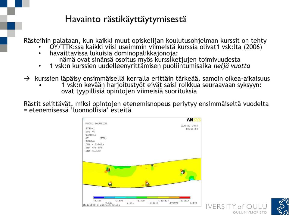 puoliintumisaika neljä vuotta kurssien läpäisy ensimmäisellä kerralla erittäin tärkeää, samoin oikea-aikaisuus 1 vsk:n kevään harjoitustyöt eivät saisi roikkua