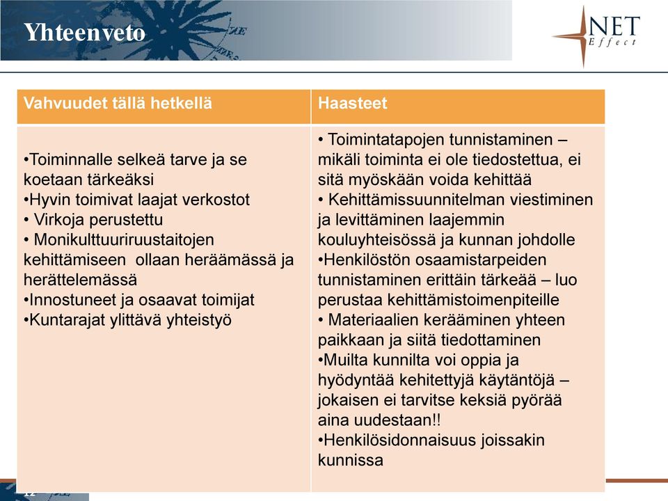 Kehittämissuunnitelman viestiminen ja levittäminen laajemmin kouluyhteisössä ja kunnan johdolle Henkilöstön osaamistarpeiden tunnistaminen erittäin tärkeää luo perustaa kehittämistoimenpiteille