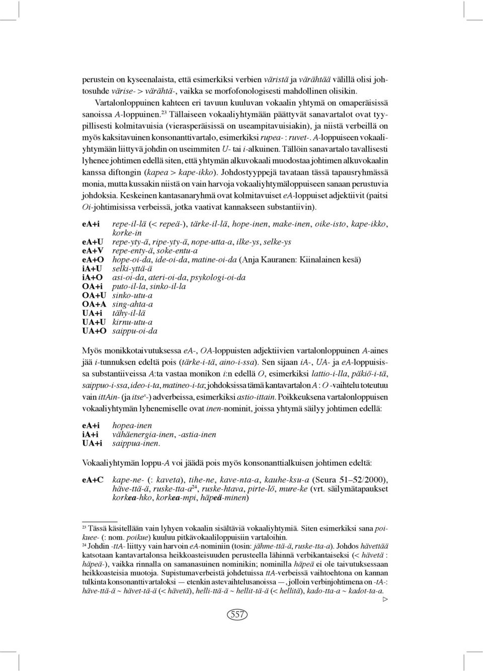 23 Tällaiseen vokaaliyhtymään päättyvät sanavartalot ovat tyypillisesti kolmitavuisia (vierasperäisissä on useampitavuisiakin), ja niistä verbeillä on myös kaksitavuinen konsonanttivartalo,