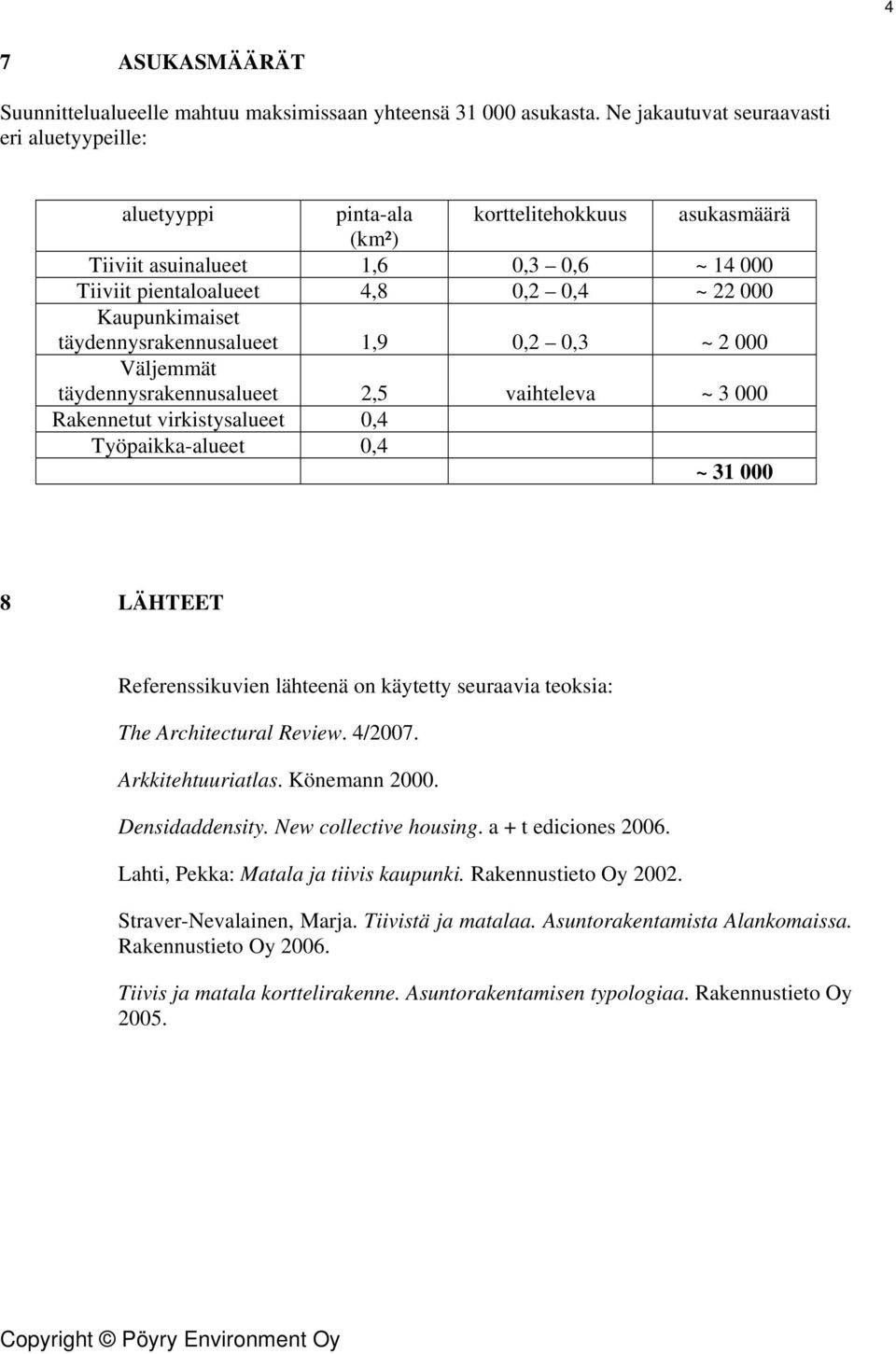 Kaupunkimaiset täydennysrakennusalueet 1,9 0,2 0,3 ~ 2 000 Väljemmät täydennysrakennusalueet 2,5 vaihteleva ~ 3 000 Rakennetut virkistysalueet 0,4 Työpaikka-alueet 0,4 ~ 31 000 8 LÄHTEET
