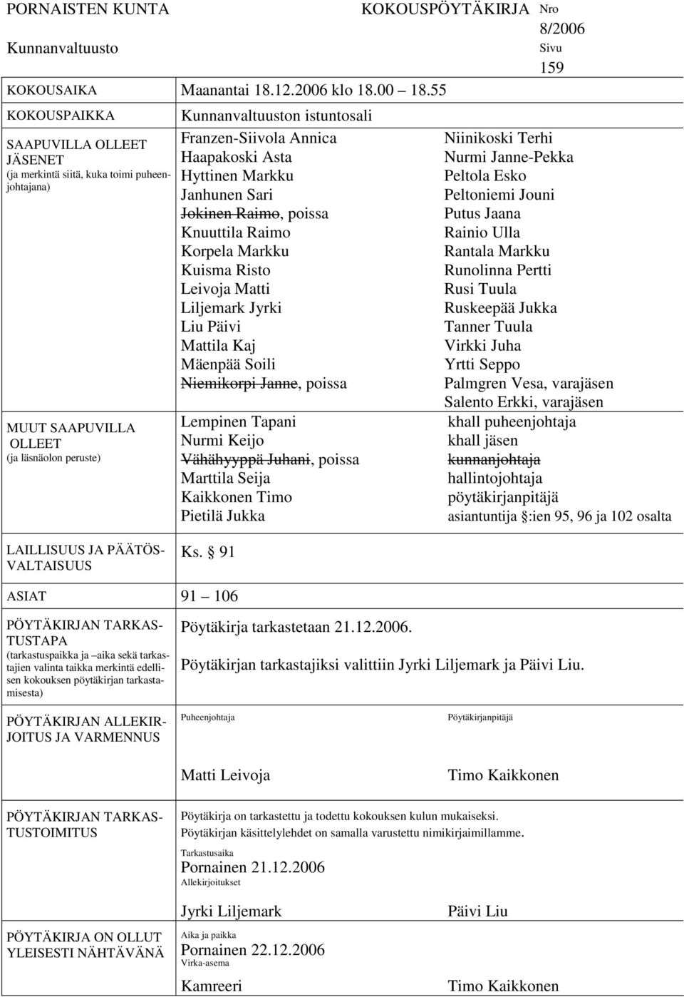 Asta Hyttinen Markku Janhunen Sari Jokinen Raimo, poissa Knuuttila Raimo Korpela Markku Kuisma Risto Leivoja Matti Liljemark Jyrki Liu Päivi Mattila Kaj Mäenpää Soili Niemikorpi Janne, poissa