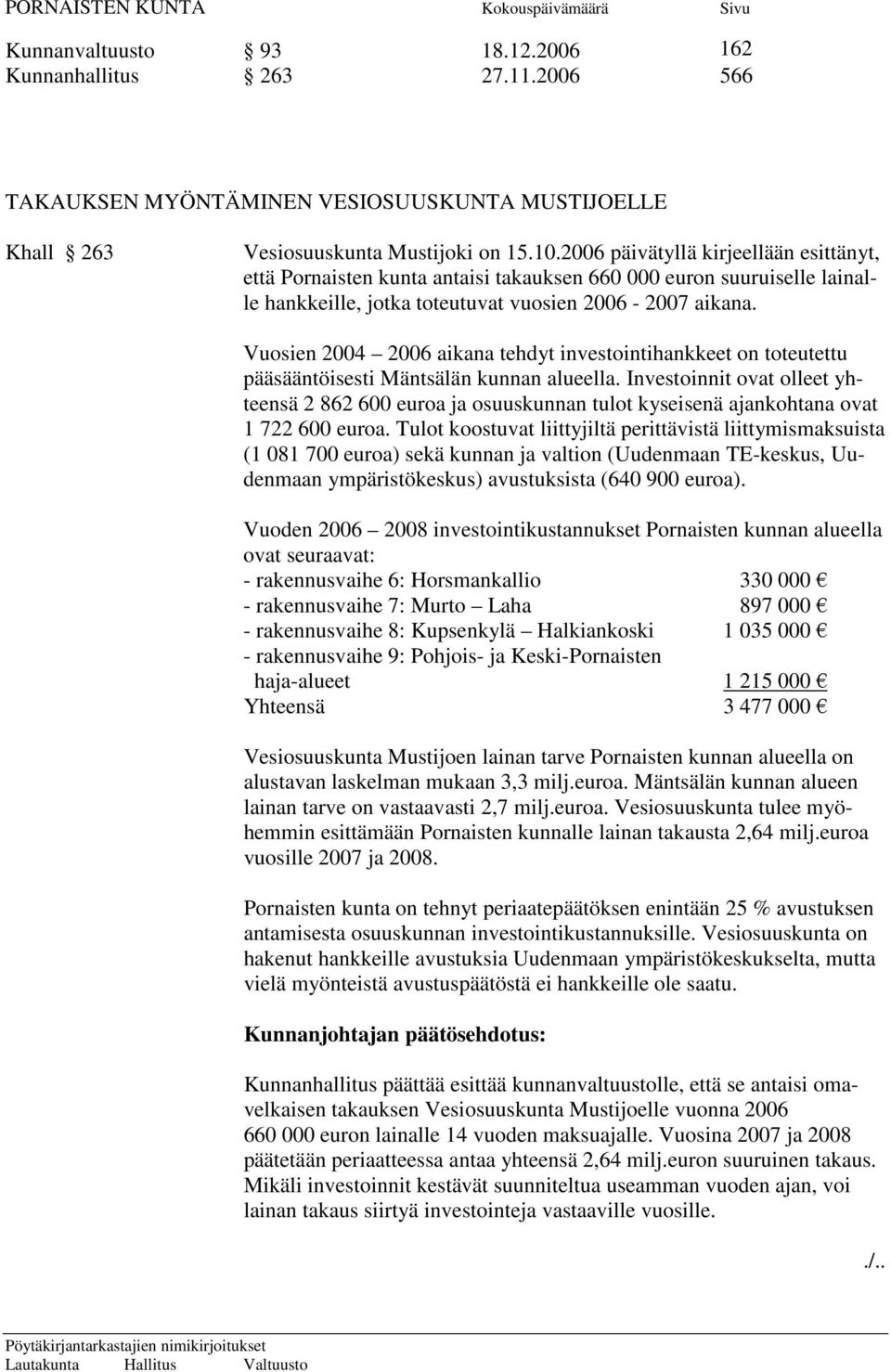 Vuosien 2004 2006 aikana tehdyt investointihankkeet on toteutettu pääsääntöisesti Mäntsälän kunnan alueella.