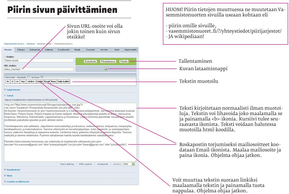 Tallentaminen Kuvan lataamisnappi Tekstin muotoilu Teksti kirjoitetaan normaalisti ilman muotoiluja. Tekstin voi lihavoida joko maalamalla se ja painamalla <b>-ikonia.