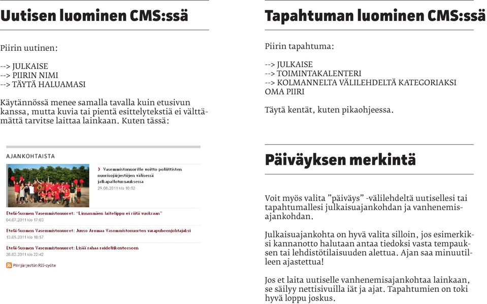 Kuten tässä: Piirin tapahtuma: --> JULKAISE --> TOIMINTAKALENTERI --> KOLMANNELTA VÄLILEHDELTÄ KATEGORIAKSI OMA PIIRI Täytä kentät, kuten pikaohjeessa.