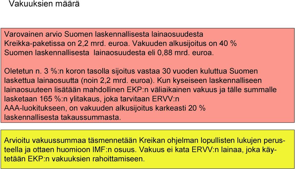 3 %:n koron tasolla sijoitus vastaa 30 vuoden kuluttua Suomen laskettua lainaosuutta (noin 2,2 mrd. euroa).