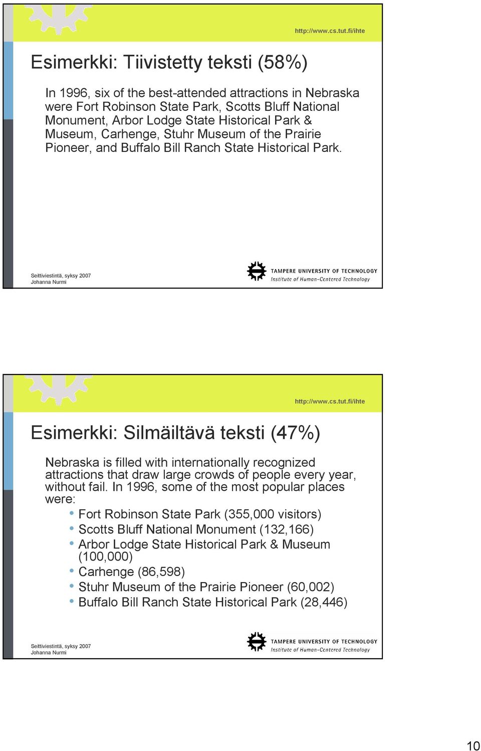 Esimerkki: Silmäiltävä teksti (47%) Nebraska is filled with internationally recognized attractions that draw large crowds of people every year, without fail.