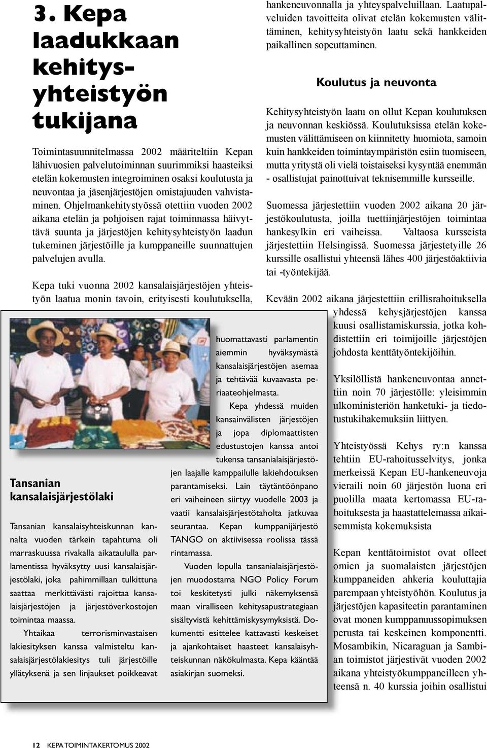 Ohjelmankehitystyössä otettiin vuoden 2002 aikana etelän ja pohjoisen rajat toiminnassa häivyttävä suunta ja järjestöjen kehitysyhteistyön laadun tukeminen järjestöille ja kumppaneille suunnattujen